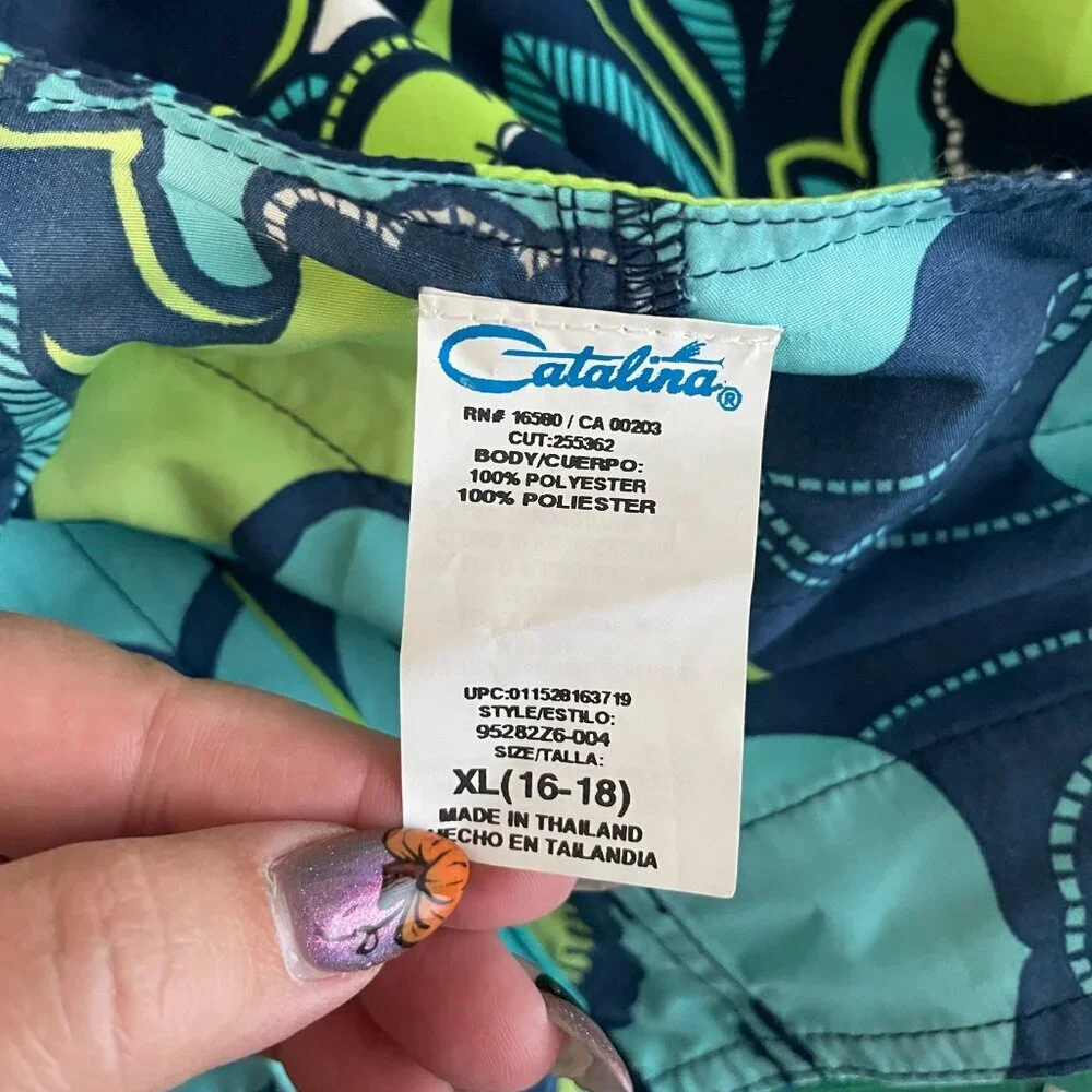 Vintage Catalina Girls XL Blue Green Floral Board Short Tankini Set Coconut Girl